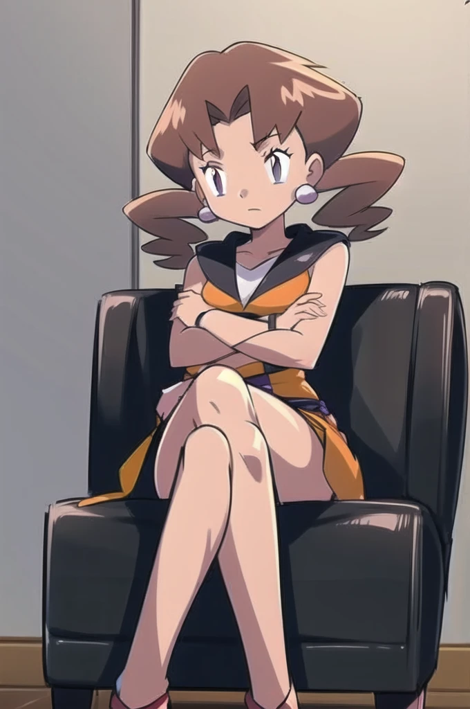 1girl, solo, sitting, looking_down, crossed_legs, crossed_arms, masterpiece, high quality, best quality, Caroline_(pokemon)