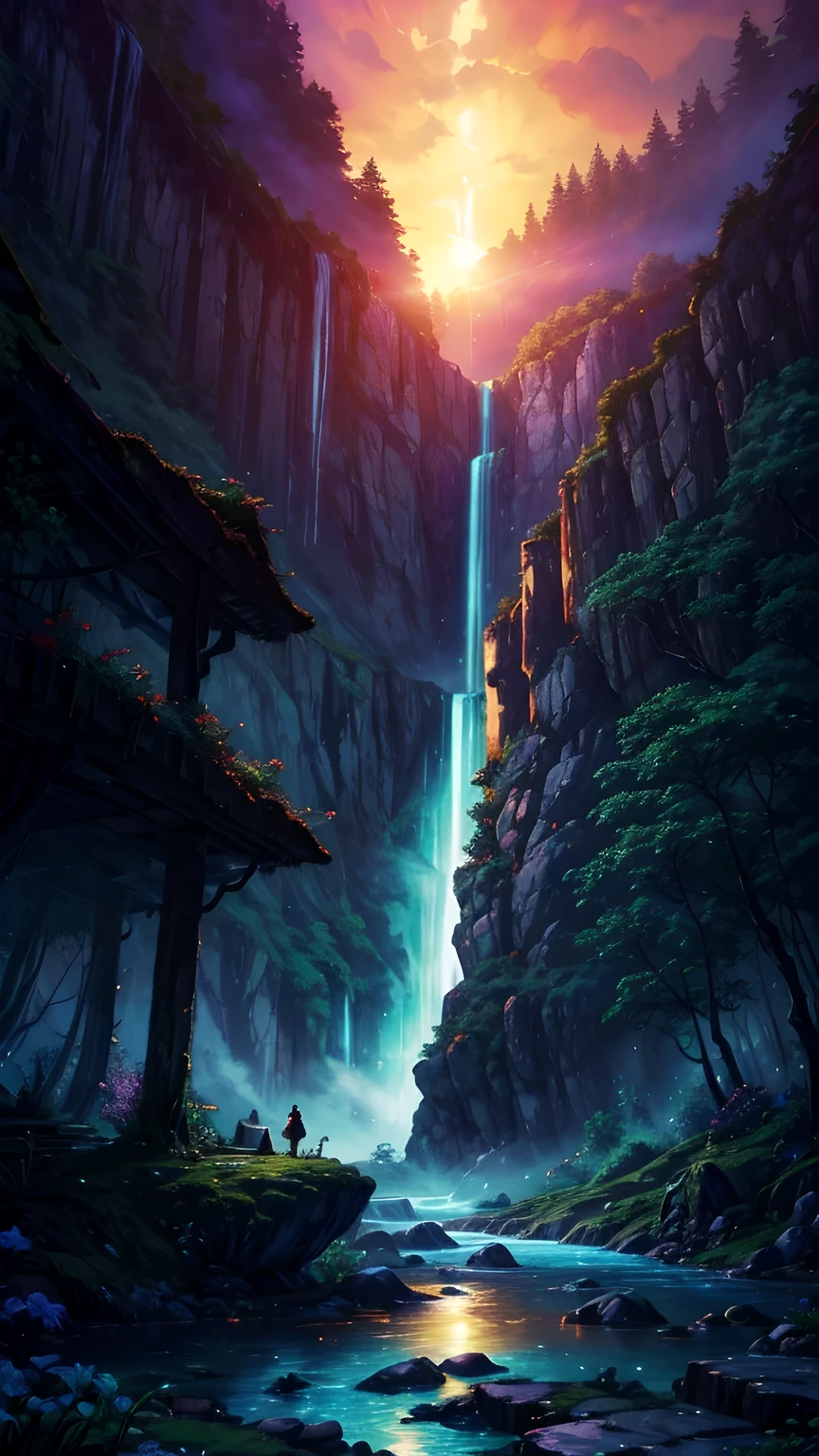 The atmosphere of a village deep in the forest where goblins live.,The trees covered half of the sky, Hazy mist, Flowing light flow, Small winding waterfall, Beautiful waterfall, Beautiful fantasy painting, bioluminescent waterfall, Golden skylight, Epic surrealist 8k oil painting, European style small house fairy tale house, Indoor lighting, Giant Wood Forest, dusk, Sunset, Calm stream, Magnificent tree,