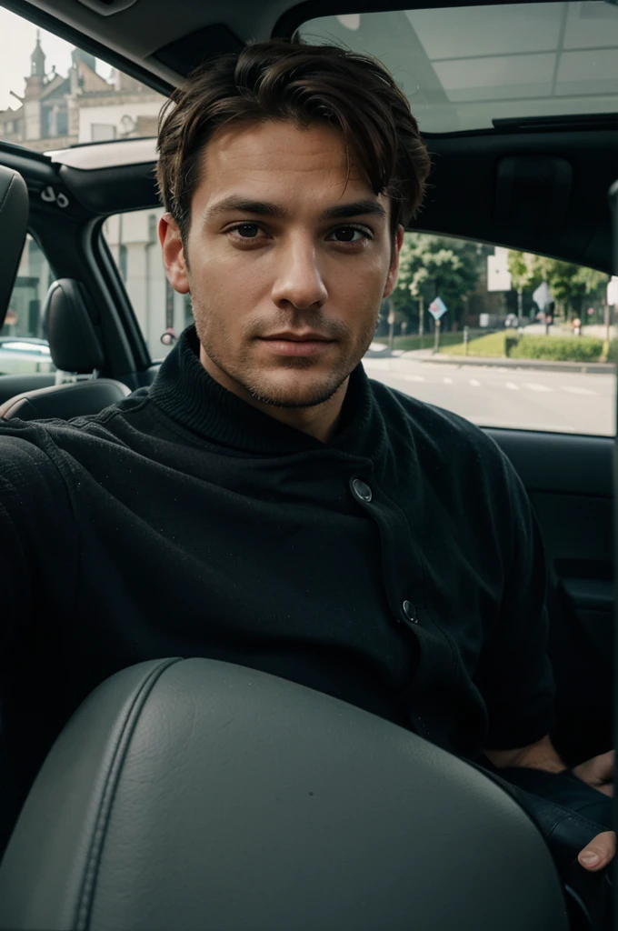 Selfie of a man in the front seat of a car , European,