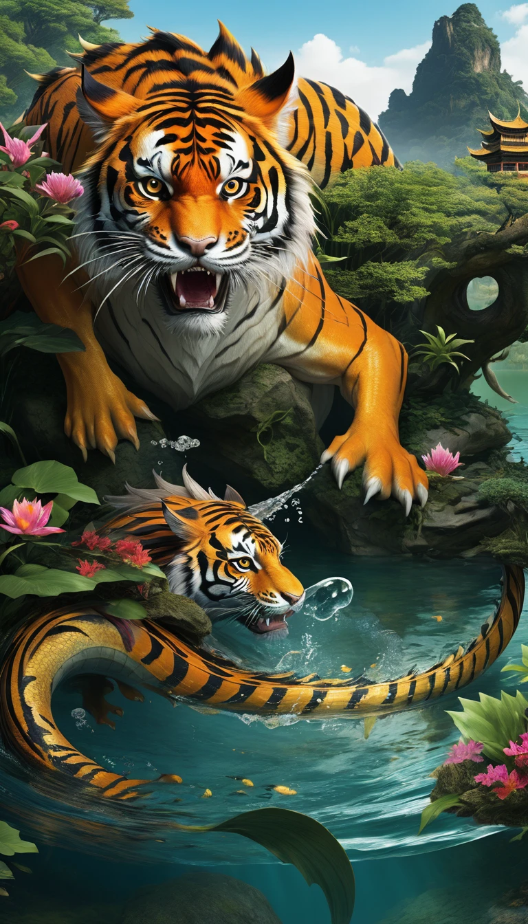 Panorama,There is a creature in the water,Tiger's head,Dragon's Body(best quality,4K,8k,High level,masterpiece:1.2),Ultra Detailed,(lifelike,Photo real,Photo real:1.37),Highly detailed animals,Complex patterns,Realistic lighting,Fantasy Creatures