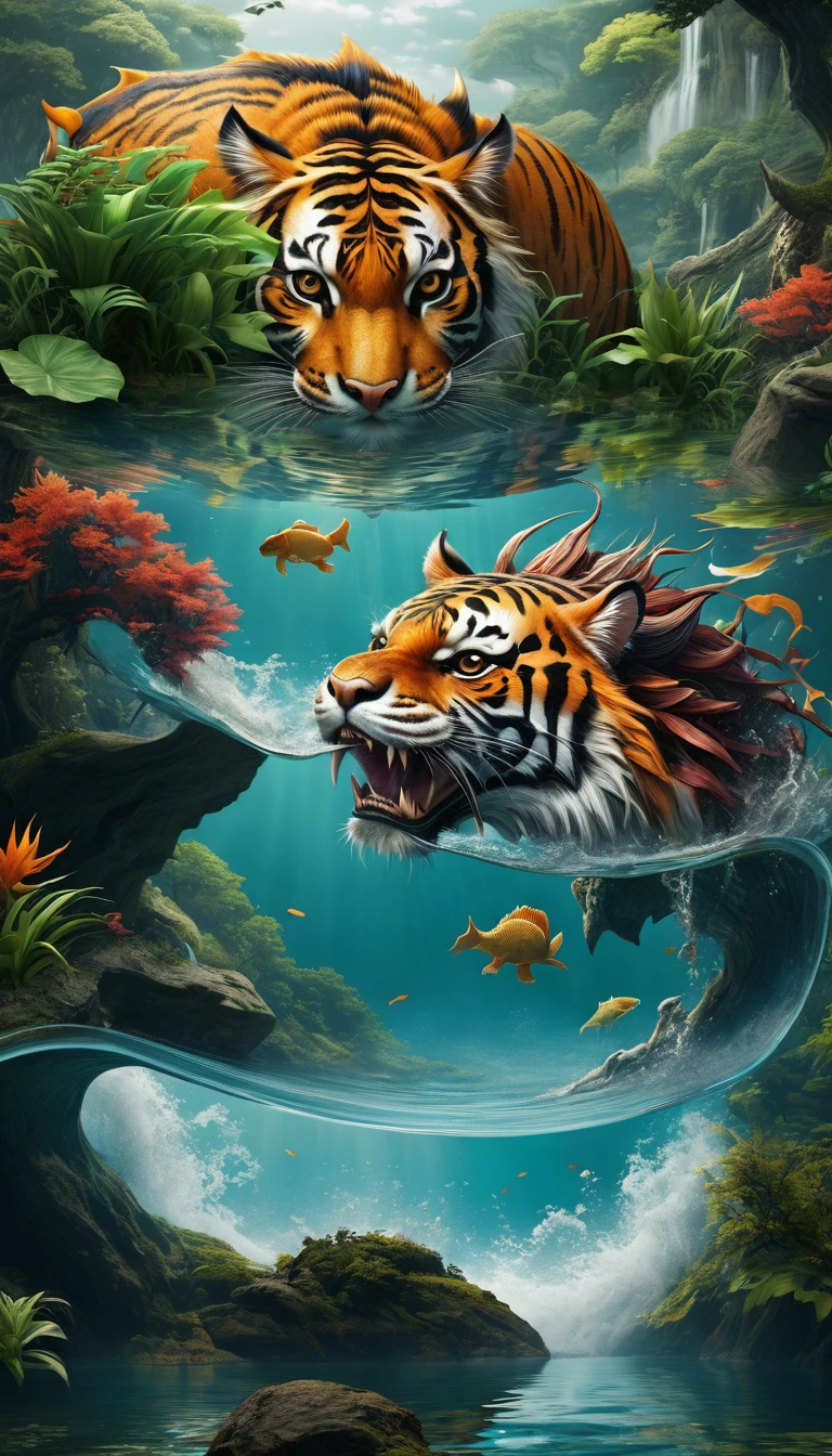 Panorama,There is a creature in the water,Tiger's head,Dragon's Body(best quality,4K,8k,High level,masterpiece:1.2),Ultra Detailed,(lifelike,Photo real,Photo real:1.37),Highly detailed animals,Complex patterns,Realistic lighting,Fantasy Creatures