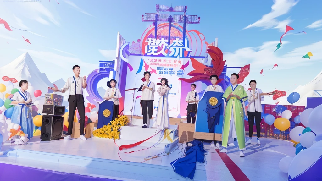 Many people standing on the stage,inspired by Ding Guanpeng, Home, Popular Dribble, Trending on dribble, dribble popular, Game CG, Popular on cgstation, 宣传picture, Propaganda Art, picture, Inspired by Ding Yunpeng, Inspired by Chen Daofu, That, cai xukun, Promotional image