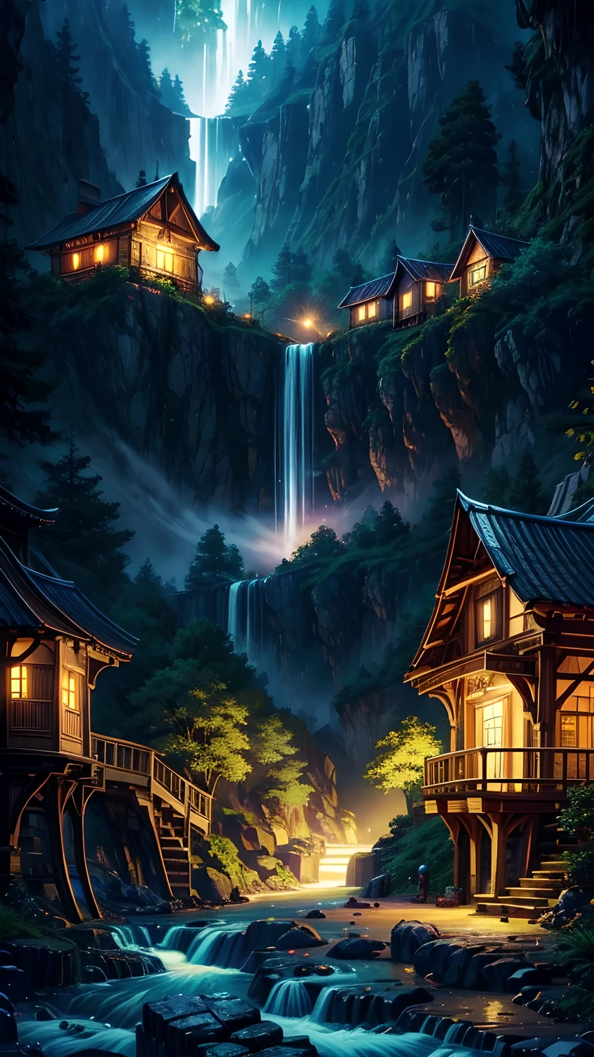 The atmosphere of a village deep in the forest where goblins live.,The trees covered half of the sky, Hazy mist, Flowing light flow, Small winding waterfall, Beautiful waterfall, Beautiful fantasy painting, bioluminescent waterfall, Golden skylight, Epic surrealist 8k oil painting, European style small house fairy tale house, Indoor lighting, Giant Wood Forest, dusk, Sunset, Calm stream, Magnificent tree,