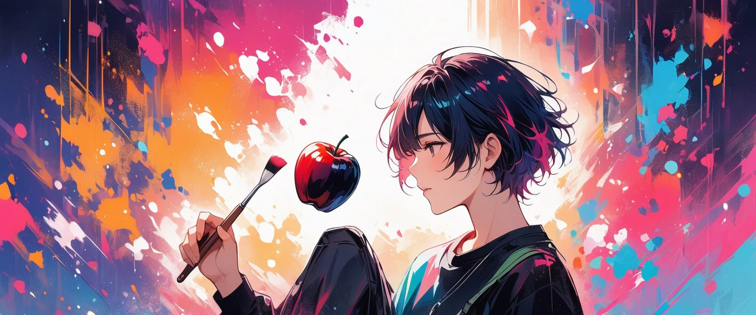 (artwork, Better quality:1.2), 1 man, Solitary, Wear dirty work clothes., Hand holding paintbrush and palette. short hair, Colorful and dreamy hair. young people, Surrounded by rose trees and black apples