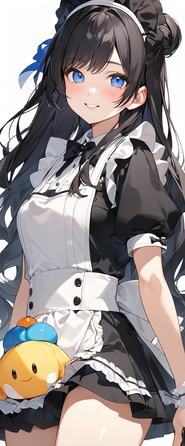 Beautiful girl in maid、(Highest qualityのイラスト:1.2), (cute女の子:1.1), (1 girl、、Highest qualityのイラスト:1.2), (1 girl、Kind eyes、blue eyes:1.2)、Black Hair、Semi-long hair、Larger breasts、sexy、smile、whole body、(Highest quality、Very detailed、cute、Ultra-high resolution)、White background、Simple Background