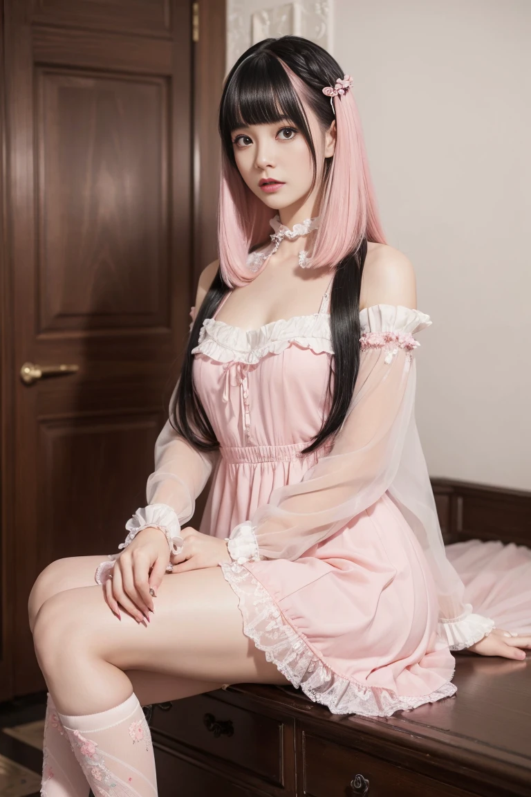 Mature Woman、Pink Hair、Black Hair、((Two-tone hair))、(Detailed face)、((ta dress with delicate pink decoration))、Slender women、Cute Woman、 8K Ultra HD, Delicate texture, Long Hair、(((blunt bangs)))、(((Drill Hair)))、Lace thigh-high tights、short boots、((Goth))、tutu mini skirt、A room in a Western-style building、((Delicate photo)),(Girl Astepeace RAW Photo Details:1.25), (highest quality:1.6), (超A high resolution:1.5), (Realistic:1.75), 8K resolution, Canon EOS R5, 50mm, Absurd, Ultra-detailed,Cinema Lighting、