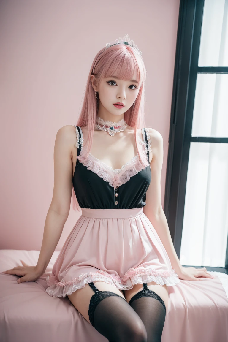 Mature Woman、Pink Hair、Black Hair、((Two-tone hair))、(Detailed face)、((ta dress with delicate pink decoration))、Slender women、Cute Woman、 8K Ultra HD, Delicate texture, Long Hair、(((blunt bangs)))、(((Drill Hair)))、Lace thigh-high tights、short boots、((Goth))、tutu mini skirt、A room in a Western-style building、((Delicate photo))，(Girl Astepeace RAW Photo Details:1.25), (highest quality:1.6), (超A high resolution:1.5), (Realistic:1.75), 8K resolution, Canon EOS R5, 50mm, Absurd, Ultra-detailed,Cinema Lighting、