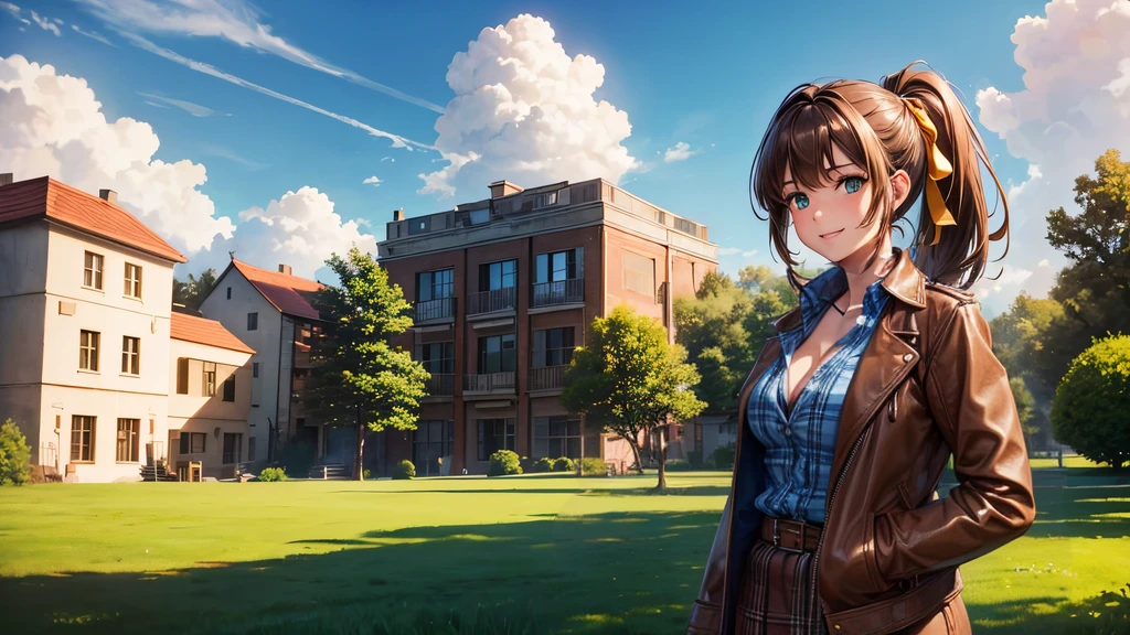 girl, solo, village, trees, sun, clouds, ((brown hair)), ponytail, large breasts, ((brown leather jacket)), button down shirt, ((blue checked shirt)), ((unbuttoned shirt)), unbuttoning buttons, cleavage 1:3, green eyes, long skirt, brown boots, smile, happy, looking at the viewer, standing, hair ribbon, golden necklate
