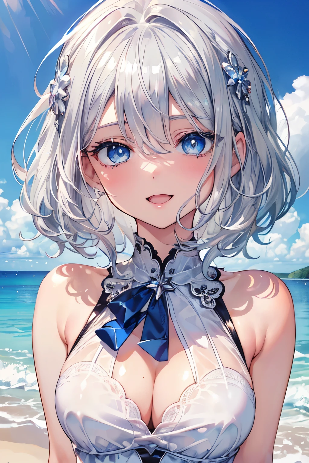 (Best quality,4K,8K,High resolution,Masterpiece:1.2),Super detailed,(Actual, Realistic),
break,
((Beautiful clear blue eyes:1.2)),very kind eyes,eyes wide open,beautiful eyelashes,beautiful lower eyelashes,
break,
((Beautiful and shiny silver hair:1.3)),A dazzling smile, a bursting smile, an open mouth laugh,
break,
cute ruffled shirt,white sand beach