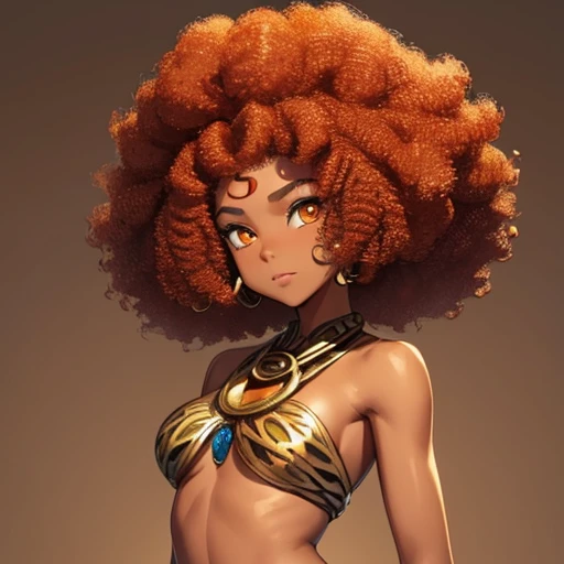 (A girl1),(Young),(slim body),(afro brazilian style facial caricatures),(Bronze skin:1.5),(red hair like fire curly afro brazilian style),(flaming orange eyes)