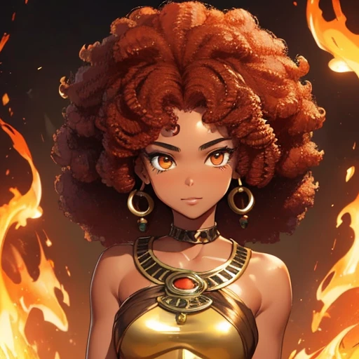 (A girl1),(Young),(slim body),(afro brazilian style facial caricatures),(Bronze skin:1.5),(red hair like fire curly afro brazilian style),(flaming orange eyes)