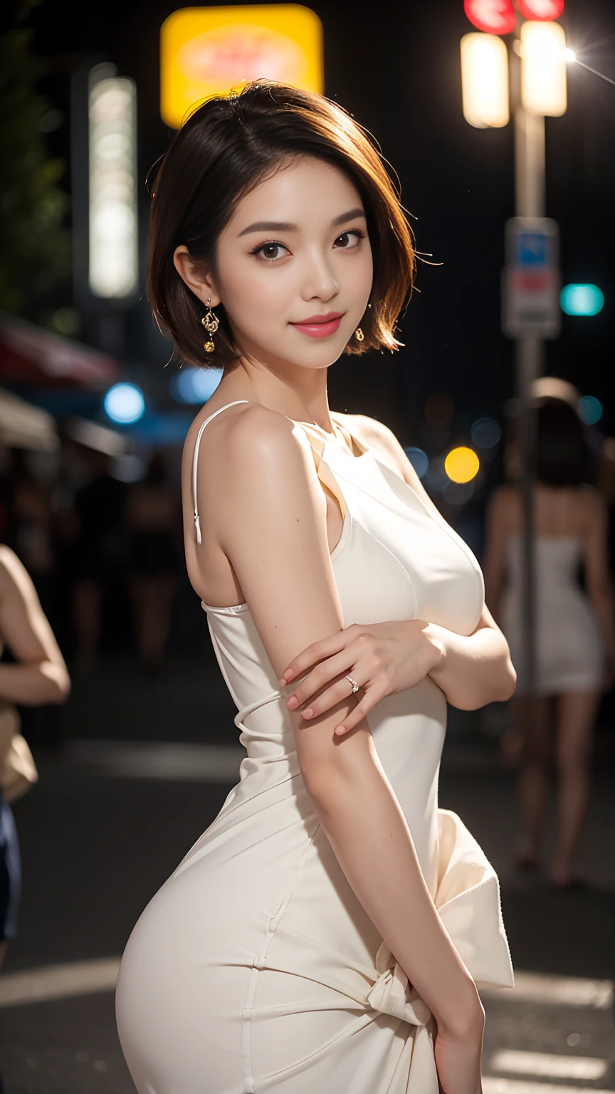 ((masterpiece:1.2, 8k:1.2, RAW Photos，:1.2 Photorealistic:1.2，Super detailed:1.2， Highest quality:1.2，Ultra high definition:1.2，Highest quality:1.2，Cinematic Light，Depth of written boundary))，1 pretty woman，(Sexy 30 years old)，Amazingly cute，Detailed eyes，Long eyelashes，double eyelid，Light makeup，Slender body，Perfect proportions，Large Breasts，Small waist，Arch your back，surprisingly short hair，Very Short Bob，Light Brown Hair，Disheveled and unkempt hair，smile，((Tight dress))，((A tight-fitting dress))，((Tube Top One Piece))，((Sleeveless dress))，(Short lengthワンピース)，Exposed shoulders，Bare shoulders，(Short length)，Long side slits，I can see her panties，Thighs，魅力的なThighs，(View your viewers)，dynamic，Earrings，((lure))，Night Street、A little neon sign，(A dress with intricate details)，(walk)，