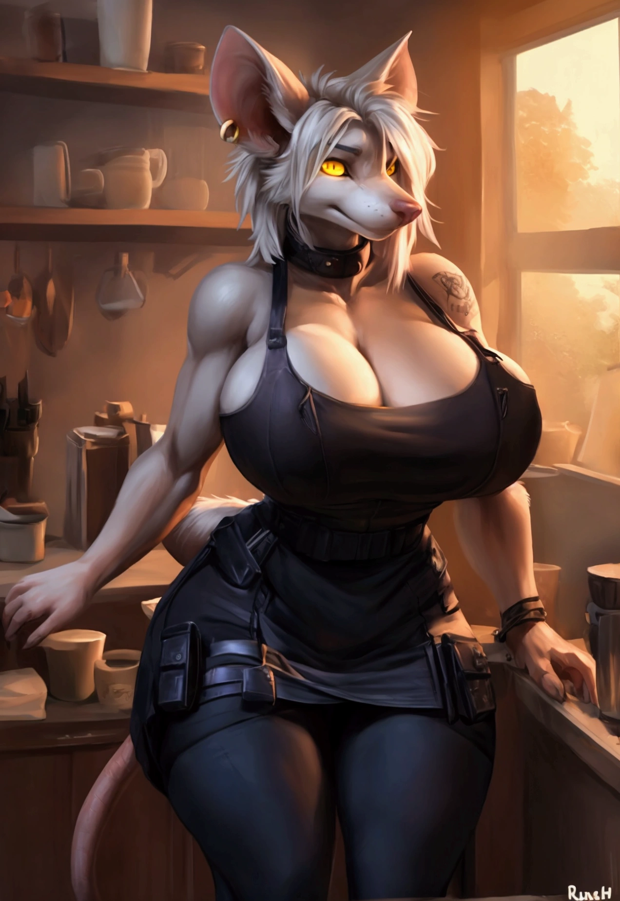 (anthro)) Officer Flint, rat,  Ross Tran, by ruan jia, by zaush, by foxovh, Best Quality, masterpiece,, Illustration, Wallpaper,1girl in, Solo, hair, dot piercings 3 in 2 row down her snoot,  multipule golden ear piercings , yellow eyes, glowing eyes, Beautiful detailed girl, extremely detailed eye and face, black dragon tattoo on her arm, Beautiful detailed eyes, natural_Lighting, Looking at Viewer, Thick_thighs, big ass, tall, hourglass figure, female, cute, Starbuck, casher, barista, Starbucks apron, large breasts, natural breasts, tail, tall, happy expresion, wide hips thin waist, 8k