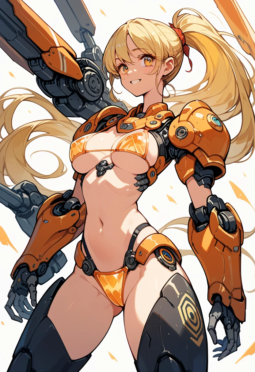 Smiling girl in a revealing yellow and orange see-through mechanical bikini with shiny wet skin,Gal-like ponytail,Fully transparent glass textured bikini armor,水色ライトの透明なMechanical Armor,(Highest quality),(8k),Mechanical Armor,Show all,(Thinly visible genitals),Accentuated breasts,Mechanical firearms equipment,Eyebrows rise,Bullish expression,Blonde,Don't blush,Laugh with your mouth closed,Standing on a white floor,White background,(Show the whole body),View your viewers