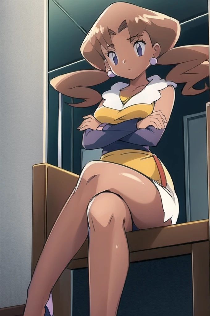 1girl, solo, sitting, looking_down, crossed_legs, crossed_arms, masterpiece, high quality, best quality, Caroline_(pokemon)
