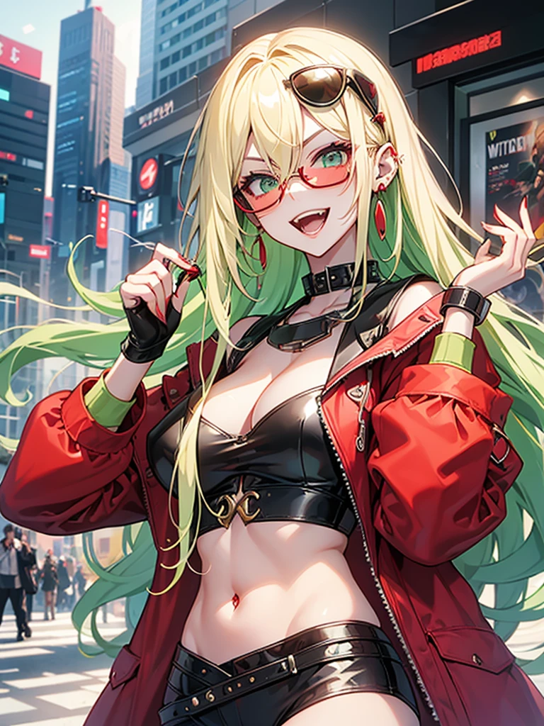 woman、Early 20s、Wicked Smile、Blonde、Long Hair、Green Eyes、Frameless sunglasses with red lenses、Face close-up、sexy、sexyなポーズ、Black tube top、Bright red long coat、R-18、City of night