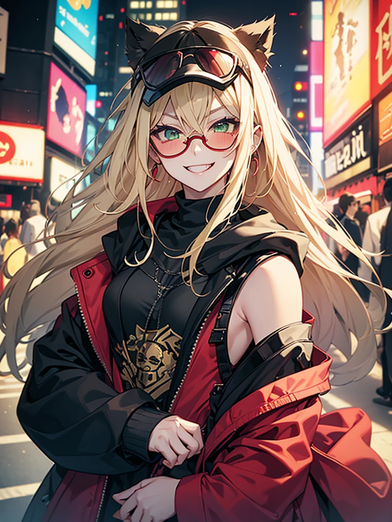woman、Early 20s、Wicked Smile、Blonde、Long Hair、Green Eyes、Frameless sunglasses with red lenses、Face close-up、sexy、sexyなポーズ、Black tube top、Bright red long coat、R-18、City of night