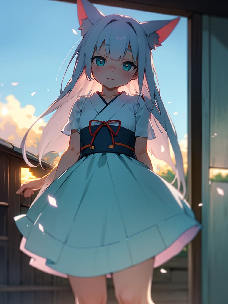 (Sumilux f1.4 24mm , low Latitude old color negative film , cross process , bokeh, flare, chromatic aberration , soft focus, (Shallow focus) , soft glow , Maximum aperture, High Key , Transparent depiction) , dynamic wide angle , kawaii Japanese anime , Girl peering in , fox ear , round face , Summer dress, strong wind , The hem flutters , in the Roof of a house on a hill overlooking the sea , see-through , Body lines are visible