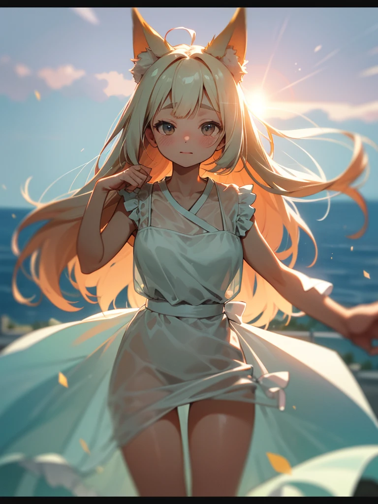 (Sumilux f1.4 24mm , low Latitude old color negative film , cross process , bokeh, flare, chromatic aberration , soft focus, (Shallow focus) , soft glow , Maximum aperture, High Key , Transparent depiction)  , dynamic wide angle , kawaii Japanese anime , Girl peering in , fox ear , round face , Summer dress, strong wind , The hem flutters , in the Roof of a house on a hill overlooking the sea , see-through , Body lines are visible