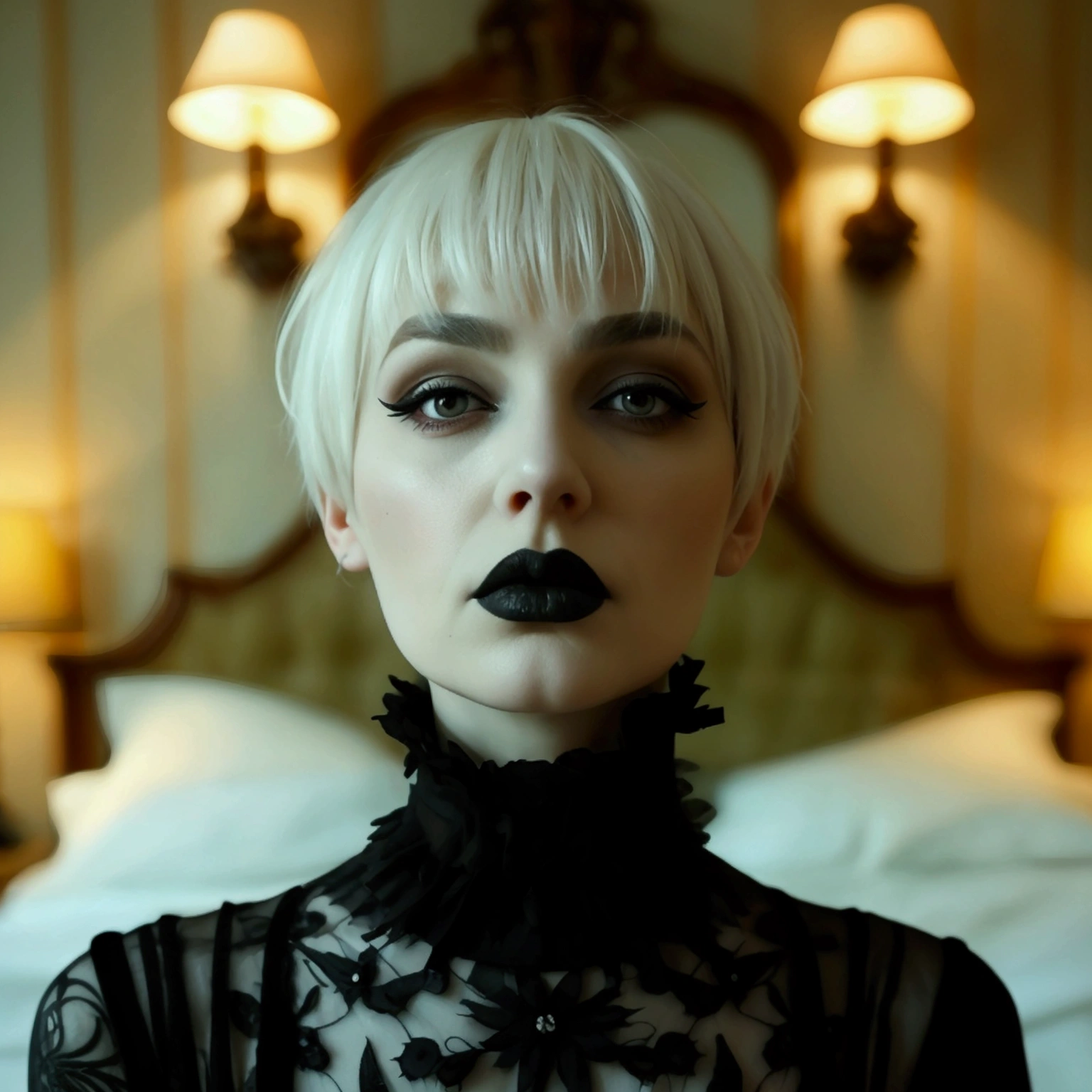 ((Master piece, very realistic, best quality, highly detailed, Frontal view, DELICATE, PORTRAIT, WOMAN 36yo, AESTHETIC)) shallow depth of field, realism, photography, good proportions, narrow depth of field, tilt shift look, bokeh, anamorphic look, cinematic, dark and moody, ((a pale white complexion MODE with short WHITE color hair and bangs and smokey eye makeup, BLACK lips)), wearing black fashion designed by Rick Owens, a dark photograph by Tim Walker and Tom Hoops and Matt Mahurin, a dark liminal space, a desolate seedy hotel room with peeling wallpaper and black painted walls, symbolism, primordial fluids, uneasy feeling, dark occult imagery, melancholic ((very aesthetic)), (her massive breasts:1.4) and )deep cleavage:1.2)