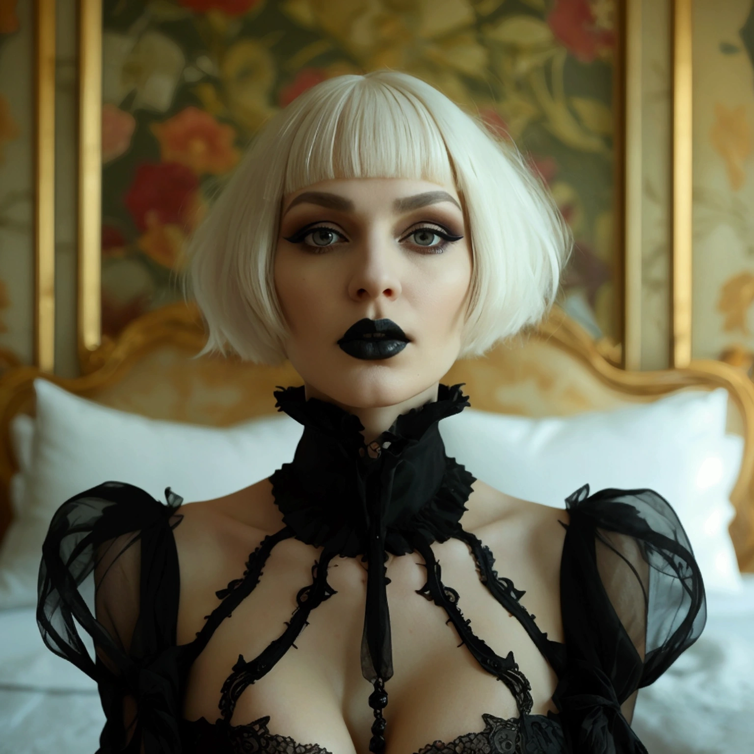 ((Master piece, very realistic, best quality, highly detailed, Frontal view, DELICATE, PORTRAIT, WOMAN 36yo, AESTHETIC)) shallow depth of field, realism, photography, good proportions, narrow depth of field, tilt shift look, bokeh, anamorphic look, cinematic, dark and moody, ((a pale white complexion MODE with short WHITE color hair and bangs and smokey eye makeup, BLACK lips)), wearing black fashion designed by Rick Owens, a dark photograph by Tim Walker and Tom Hoops and Matt Mahurin, a dark liminal space, a desolate seedy hotel room with peeling wallpaper and black painted walls, symbolism, primordial fluids, uneasy feeling, dark occult imagery, melancholic ((very aesthetic)), (her massive breasts:1.4) and )deep cleavage:1.2)