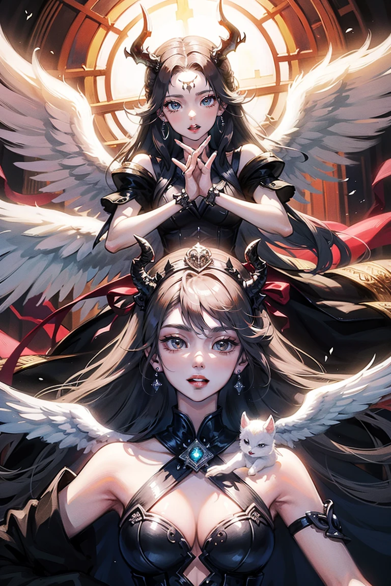 ((Highest quality)), ((masterpiece)), (detailed), Angel and devil facing each other、wing