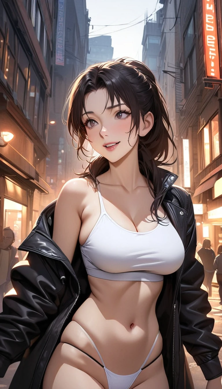 best quality, Ultra-high resolution, (Realistic:1.4), 1 girl, Loose Oversized Black Jacket, White Sports Bra, (Thong:1.2), (Large Breasts:1.2), L looks at the audience, Smile, Foote Body, street, Urban, cosmetic, Wide Angle，