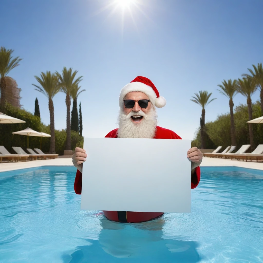 Captures an image from different angles of a swimming pool in which there are white rectangular signs in the water without any text, all posters are the same, In the center of the pool, a fat, smiling Santa Claus bathing in sunglasses floats in the water., very happy and holding a giant blank sign without text in his hands above his head . All the action takes place under a bright sun on a Mediterranean beach with impressive lighting for a perfect shot. Professional photography, 8k, RAW photo, The best quality, masterpiece, photorealistic, Highly detailed, cinematic lighting, sharp focus, réflex digital, high resolution, photorealistic,