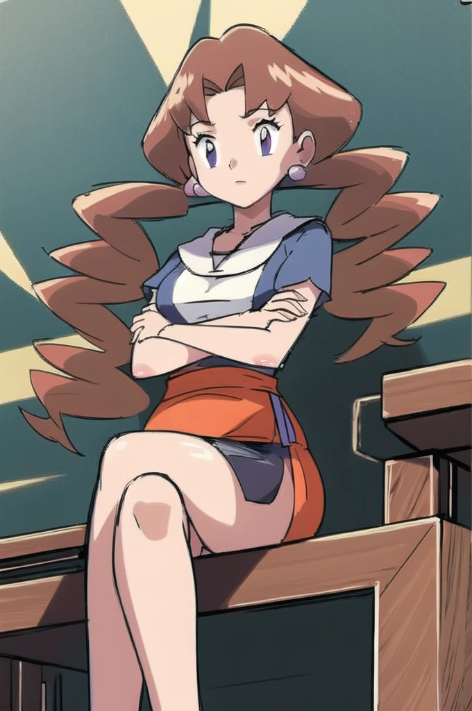 1girl, solo, sitting, looking_down, crossed_legs, crossed_arms, masterpiece, high quality, best quality, Caroline_(pokemon)