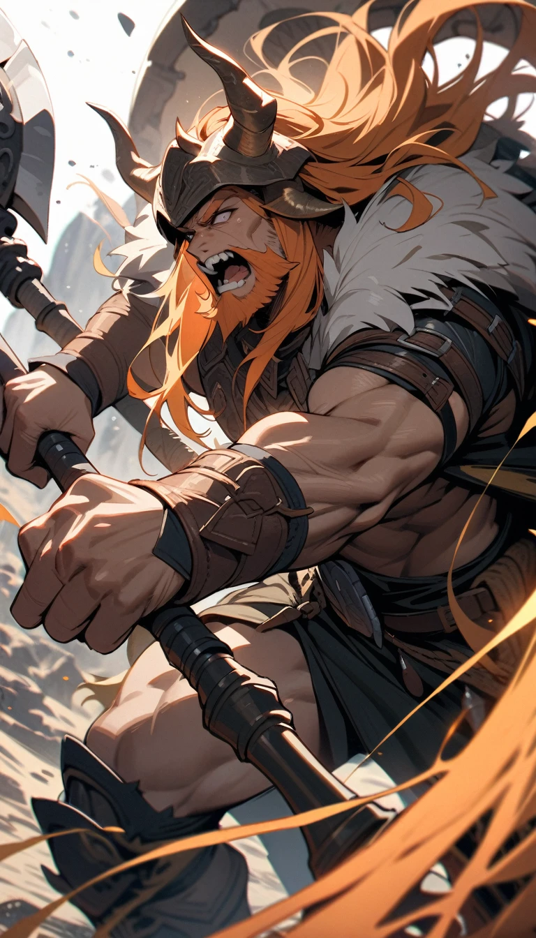 ((best quality)) , ((masterpiece)) , (detailed),axe, 1boy, male focus, solo, horns, weapon, beard, horned helmet, helmet, holding, fake horns, long hair, facial hair, holding axe, open mouth, fur trim, orange hair, manly, , teeth, holding weapon