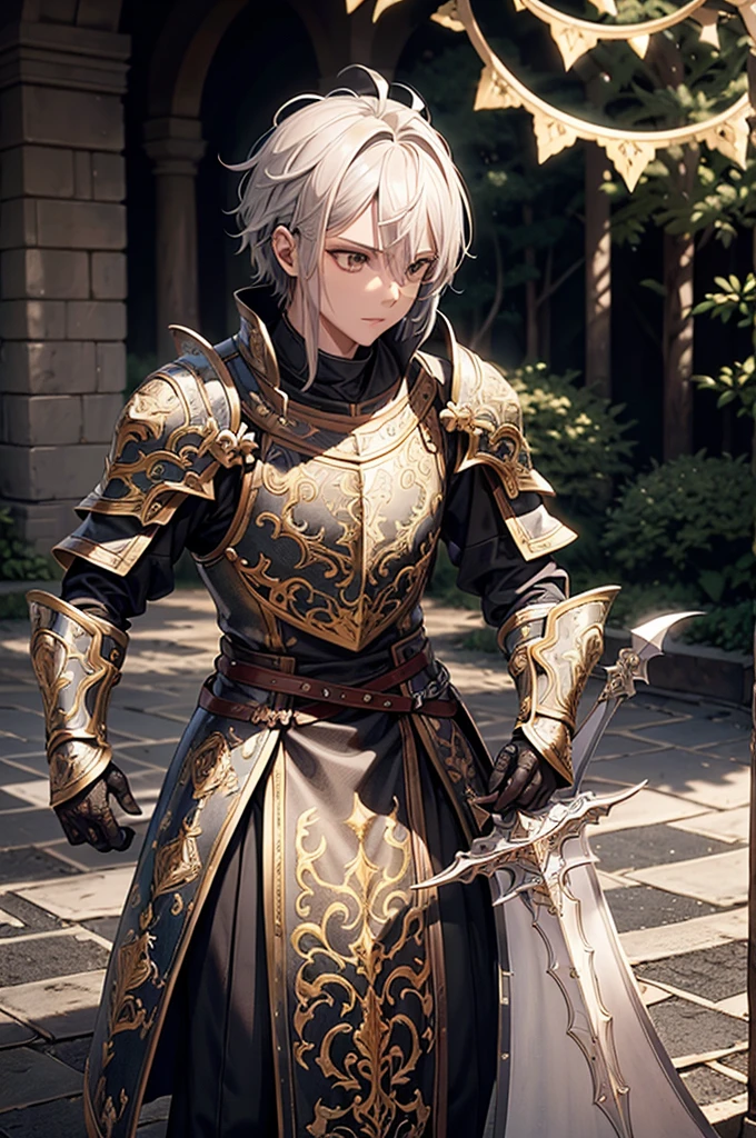 a teenager male knight in cracked sliver armor, he raise a sword stained with blood, a giant gate of castle behind him, light from the sky, lots of swords point at the knight, with determined look, silver hair, black hair, gradient hair, chiaroscuro, cinematic lighting, god rays, ray tracing, reflection light, panorama, masterpiece, best quality, high quality, high details, highest, accurate, anatomically correct, textured skin, UHD, 1080P