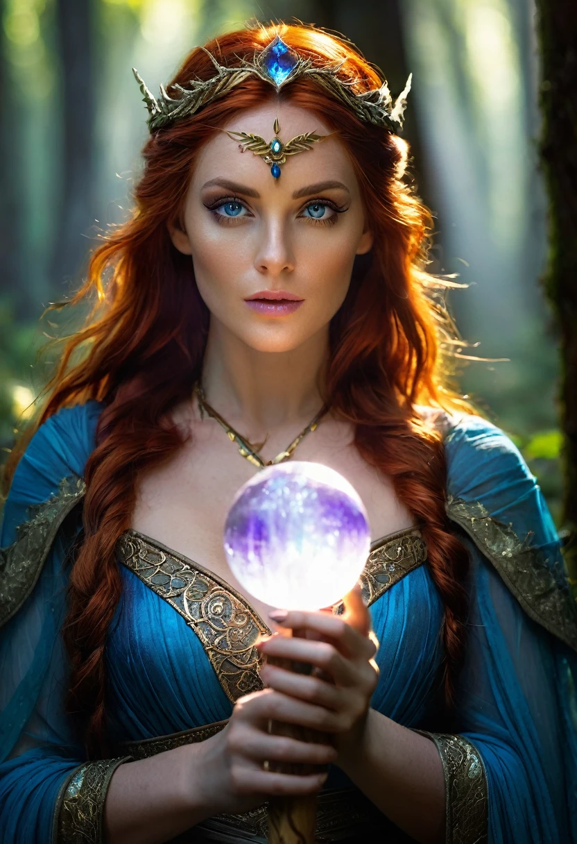 Triss Merigold makes fire magic in her hands, best quality, high resolution, Ultra-detailed, (realistic: 1.37), beautiful detailed eyes, beautiful detailed lips, extremely detailed eyes and face, long eyelashes, (HDR: 1.1), (colors vivid:1.1),(sharp focus:1.1),(physically based rendering:1.1),Portrait,sorceress,red hair,distinct white stripe,intricate gold jewelry,elven heritage,blue eyes,confident expression,Fierce,standing on a magical forest, against a backdrop of ancient trees and mist, holding a wooden staff with a glowing crystal sphere on top, wearing a flowing dress made of shiny fabric, soft sunlight filtering through the leaves, casting a warm, ethereal glow over her ,mysterious shades of blue and purple surround her, illuminating her with a mystical aura.
