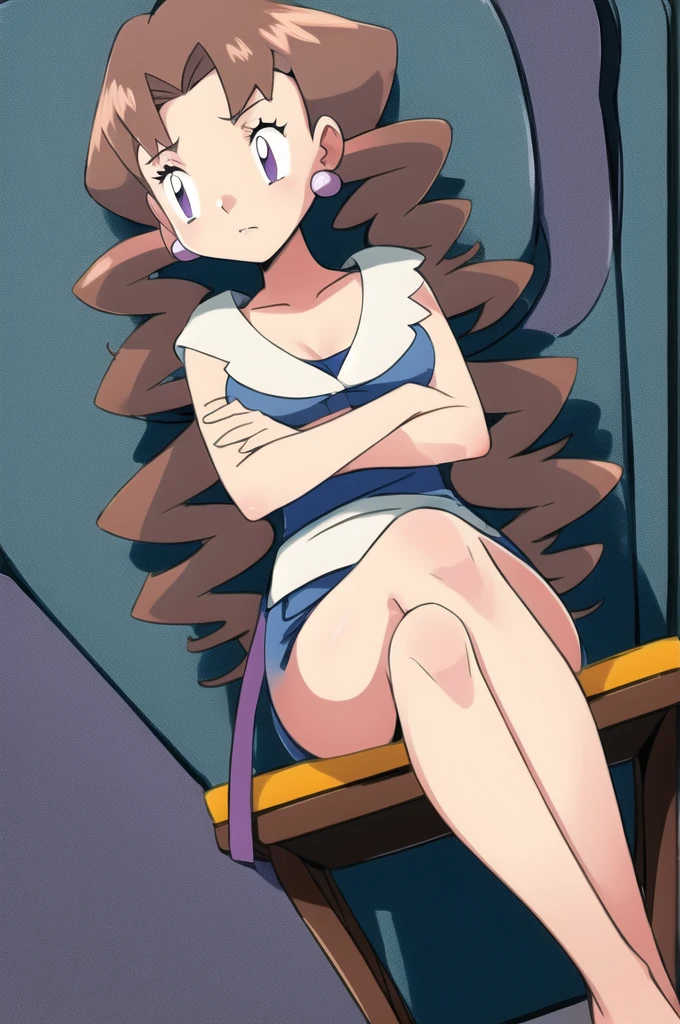 1girl, solo, sitting, looking_down, crossed_legs, crossed_arms, masterpiece, high quality, best quality, Caroline_(pokemon)