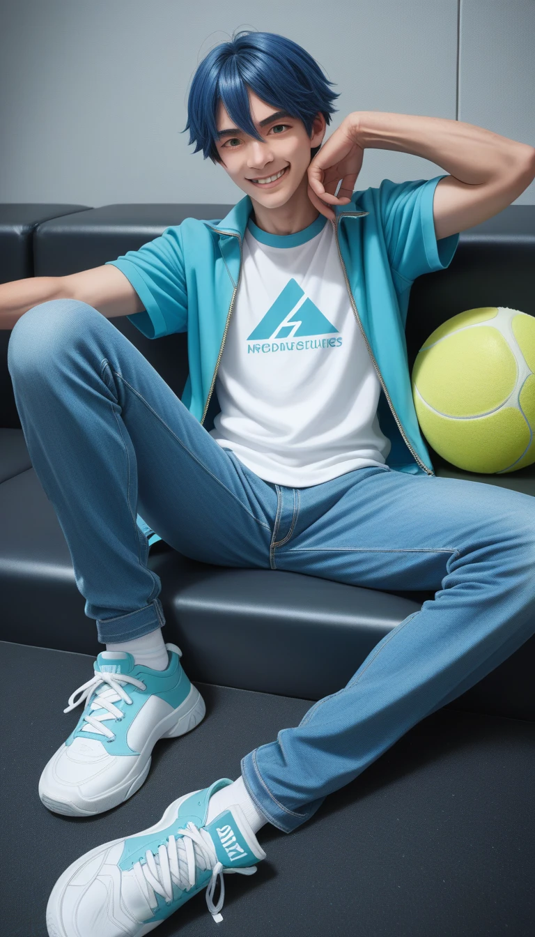 score_9_up, score_8_up, score_7_up, score_6_up,best quality: 1.0), (Ultra-high resolution: 1.0), anime boy, Short royal blue hair, Green Eyes, Gray zippered jacket, Nintendo T-shirt, Smile, Long blue jeans, Blue and white tennis shoes, Sit in front and play games, Esports room background,