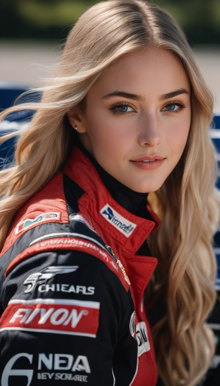 racer jumpsuit, ((black shirt)), formula 1 pilot, (full body, ultra-detailed), laying next to a formula 1 racing car, in front of the camera, ((perfect eyes, detailed eyes,realistic eyes)), (masterpiece, best quality, ultra-detailed, best shadow), high contrast, (best illumination), ((cinematic light)), colorful, hyper detail, dramatic light, intricate details, (1 girl, solo) , ultra detailed artistic photography, dreamy, backlit, shadows, ultra high definition, 8k, ultra sharp focus, ultra high quality model, soft lighting, film photography, analogue photography, hyperrealism,, ((sharp face, detailed face, realistic face, natural skin, realistic skin, detailed skin, pores)), very large breast, 25 years old very beautiful american girl, long straight blonde hair, expose cleavage, braless, smiling,