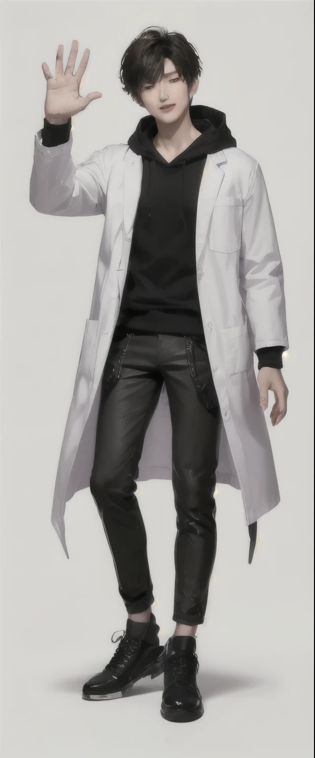 (photorealistic:1.2), (high detail face:1.3), (high detail hands:1.3), (anatomically correct hands:1.2), handsome young asian man, Japanese idol style, short clean-cut hair, ((center part)), (crisp white lab coat:1.3), ((black hoodie underneath:1.2)), (black pants:1.2), (black shoes:1.2), (enthusiastic expression:1.3), ((victory pose:1.4)), (both arms raised:1.3), (clenched fists:1.3), (energetic stance:1.2), plain white background, mid-shot portrait, full body view, high quality, detailed, 8K, (realistic skin texture:1.2), (sharp focus:1.1), (contrast between white coat and black clothing:1.2)