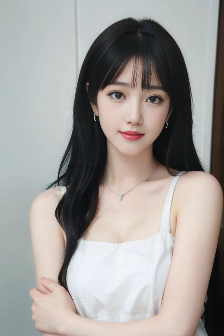 ulzzang-6500-v1.1,(raw photo:1.2),((photorealistic:1.30)), ((best quality)) ,((masterpiece)),((Ultra High Resolution)), ((Clear View)),,Ultra-high resolution,Clear face,（Reality：1.4) ,  illustration, an extremely delicate and beautiful, extremely detailed ,CG ,unity ,8k wallpaper, Amazing, finely detail, masterpiece,best quality,official art,extremely detailed CG unity 8k wallpaper,absurdres, incredibly absurdres, huge filesize, ultra-detailed, highres, extremely detailed,beautiful detailed girl, extremely detailed eyes and face, beautiful detailed eyes,light on face,cinematic lighting,1girl, 独奏, long hair,brown hair,bare shoulders, jewelry, collarbone, earrings,smile, necklace, apron, (upper body:1.5), standing, Tattoos,