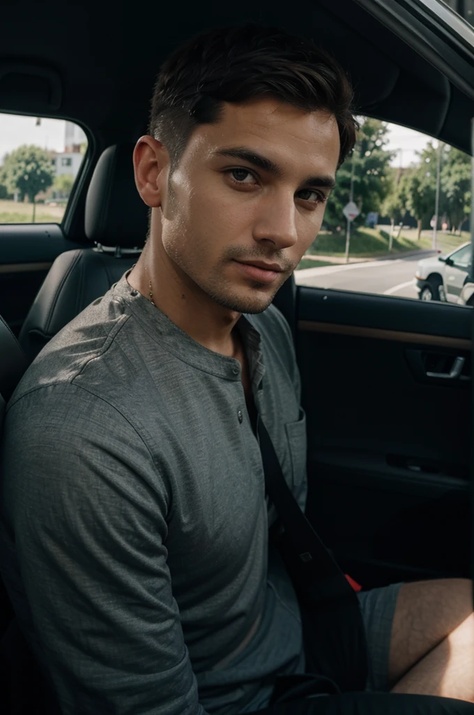 Selfie of a man in the front seat of a car , European, short haircut black