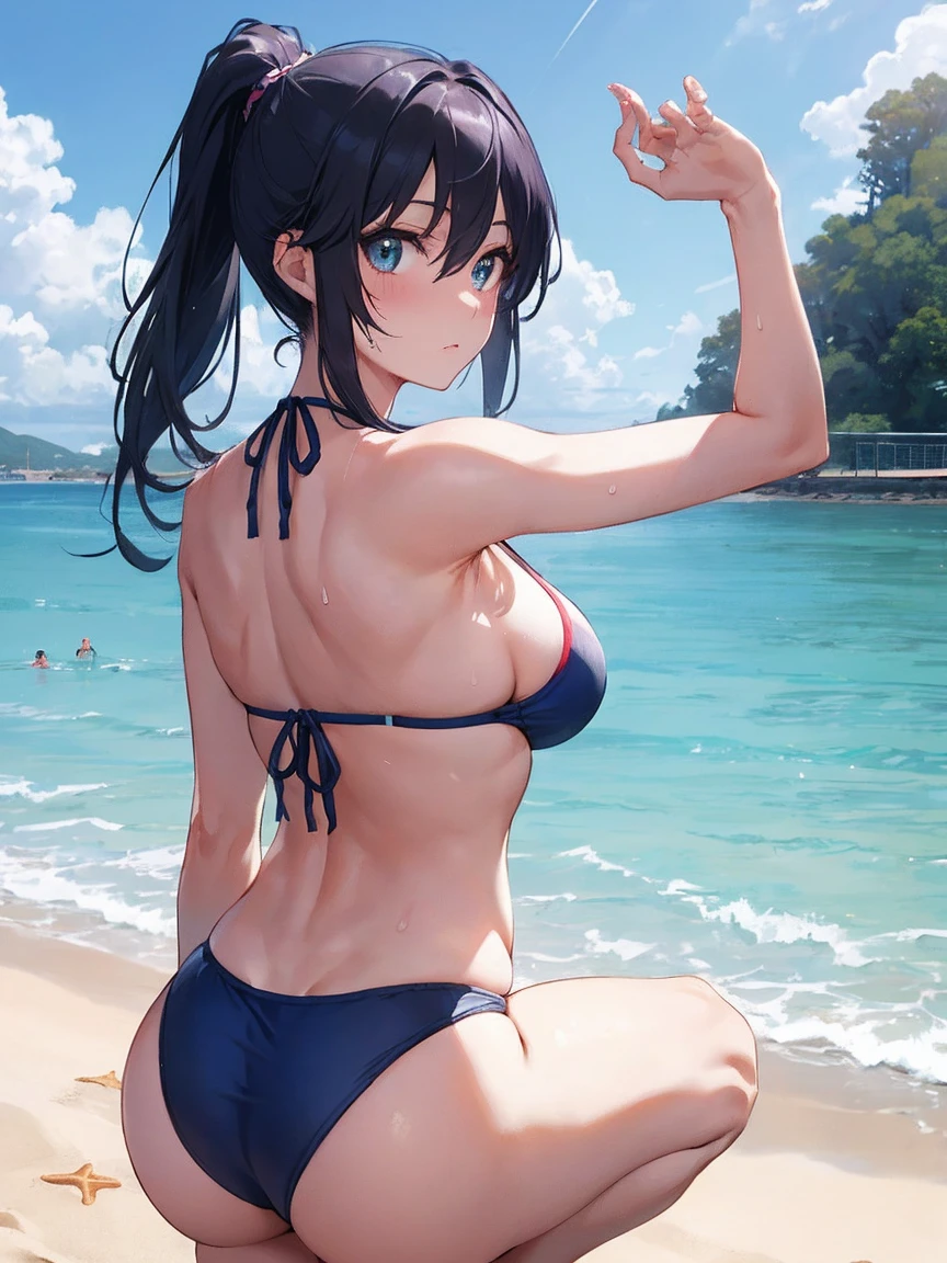 （Sweat, White skin:1.5、Aggressive Pose, ）, cameltoe, Fitness, , ((Beach volleyball bikini)),Big Breasts, Sturdy body、Healthy Body、((Big Eyes in Anime)), back、Very long dark blue hair、ponytail、Squat、from back,
