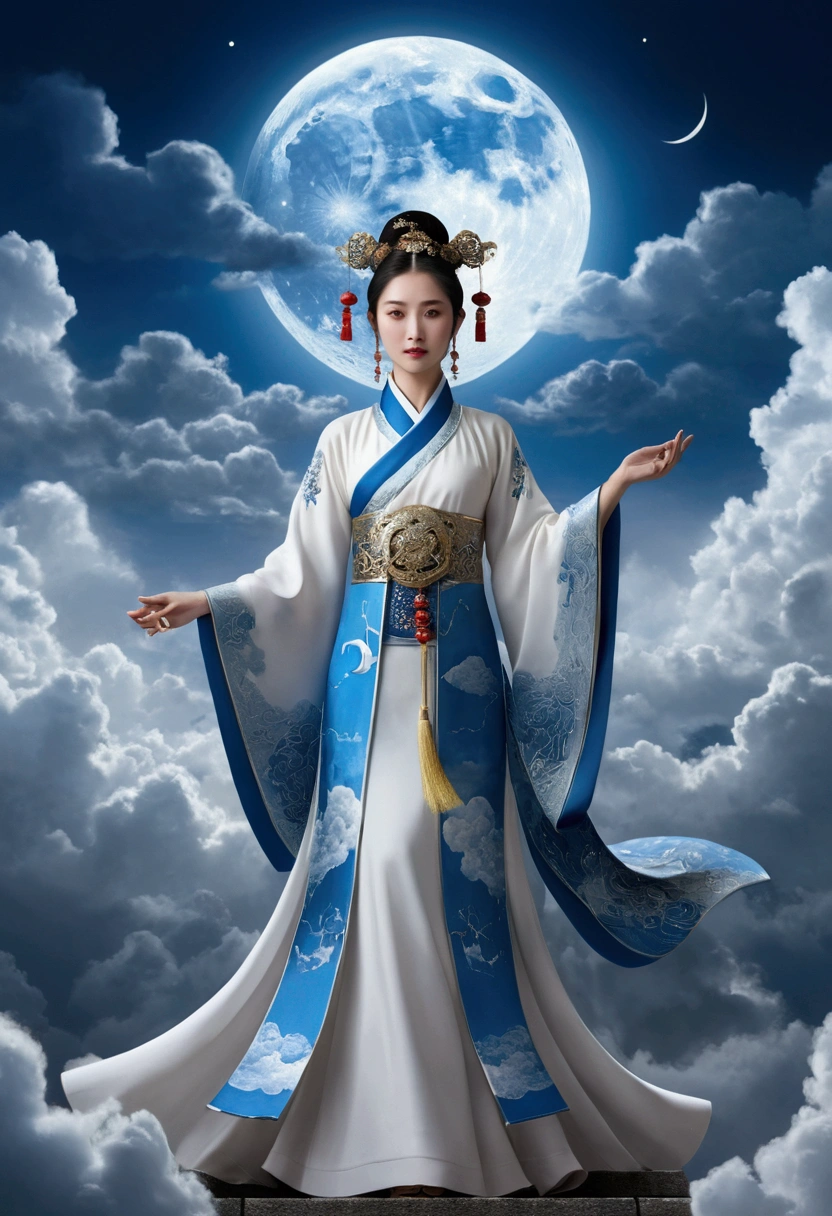 masterpiece,Highest quality,Chinese style,In the sky, The clouds form a huge transparent and shining white goddess,Thick Clouds,The moon shines,Pilgrims' Path,Ultra-realistic,Ultra-photorealism,blue,8k,High resolution,super high quality,Masterpieces,