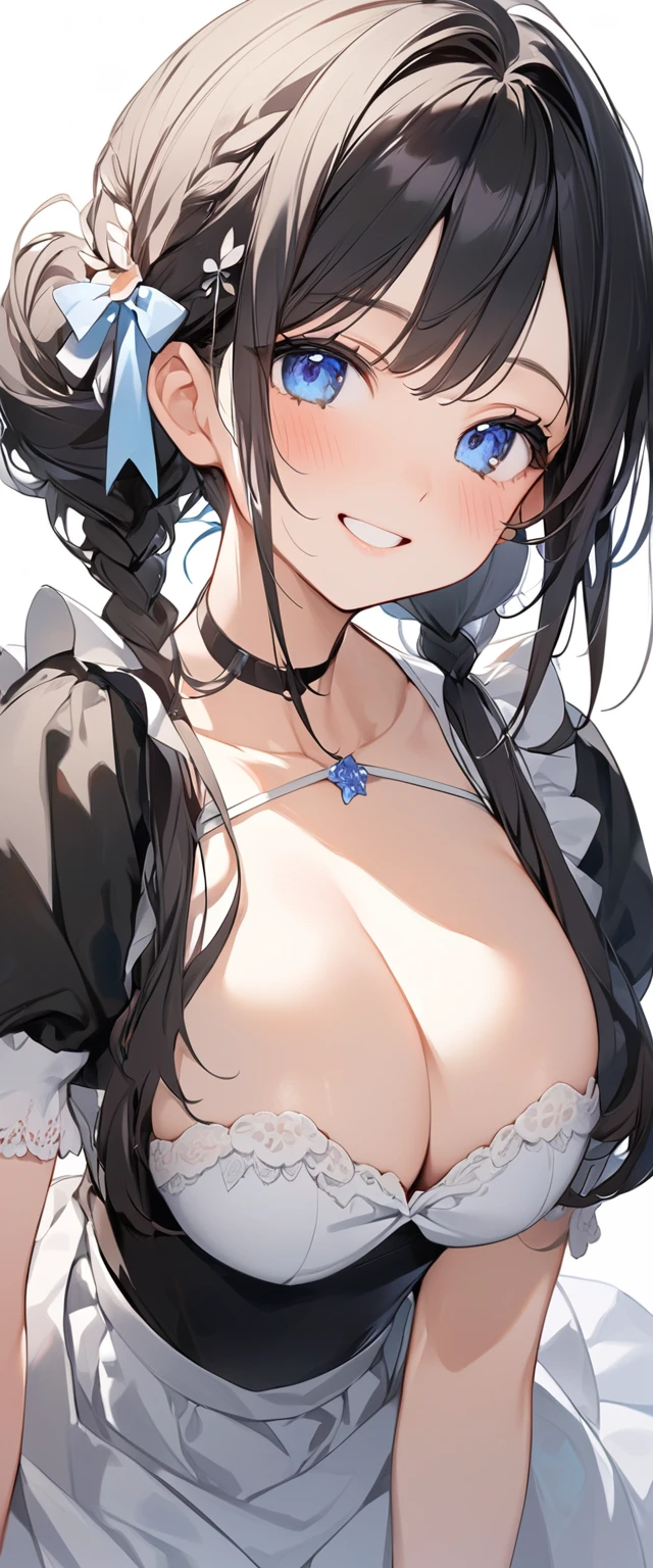 Beautiful girl in maid、(Highest qualityのイラスト:1.2), (cute女の子:1.1), (1 girl、、Highest qualityのイラスト:1.2), (1 girl、Kind eyes、blue eyes:1.2)、Black Hair、Semi-long hair、Larger breasts、sexy、smile、whole body、(Highest quality、Very detailed、cute、Ultra-high resolution)、White background、Simple Background