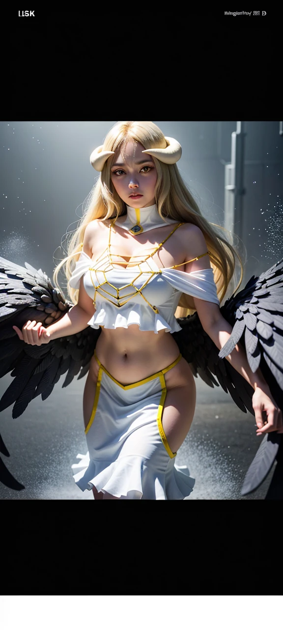 Masterpiece, Best quality, Ultra-detailed, illustration, epic lighting, Cinematic composition, isometry,(hexagons:1.2), 1girll, Horns, Solo, Yellow eyes, crooked eyes, tongue sticking out, blonde hair, Long hair, big breasts, (Low wing:1.2), Large cleavage, Bare shoulders, hair between eye, large eyes, (White dress:1.1), Golden decoration, Detached collar, view the viewer, Open eyes, (view the viewer:1.1), parted lip, four arms, Blush, Black feathers fall, bare abdomen, marked abdomen, abdomen fit, wide hips, Arena, particle fx, (8K:1.1) sin blusa, manos cobriendo pesones, pechos descubiertos