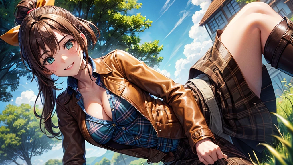 girl, solo, village, trees, sun, clouds, ((brown hair)), ponytail, large breasts, ((brown leather jacket)), button down shirt, ((blue checked shirt)), ((unbuttoned shirt)), unbuttoning buttons, cleavage 1:3, green eyes, long skirt, brown boots, smile, happy, looking at the viewer, standing, hair ribbon, golden necklate