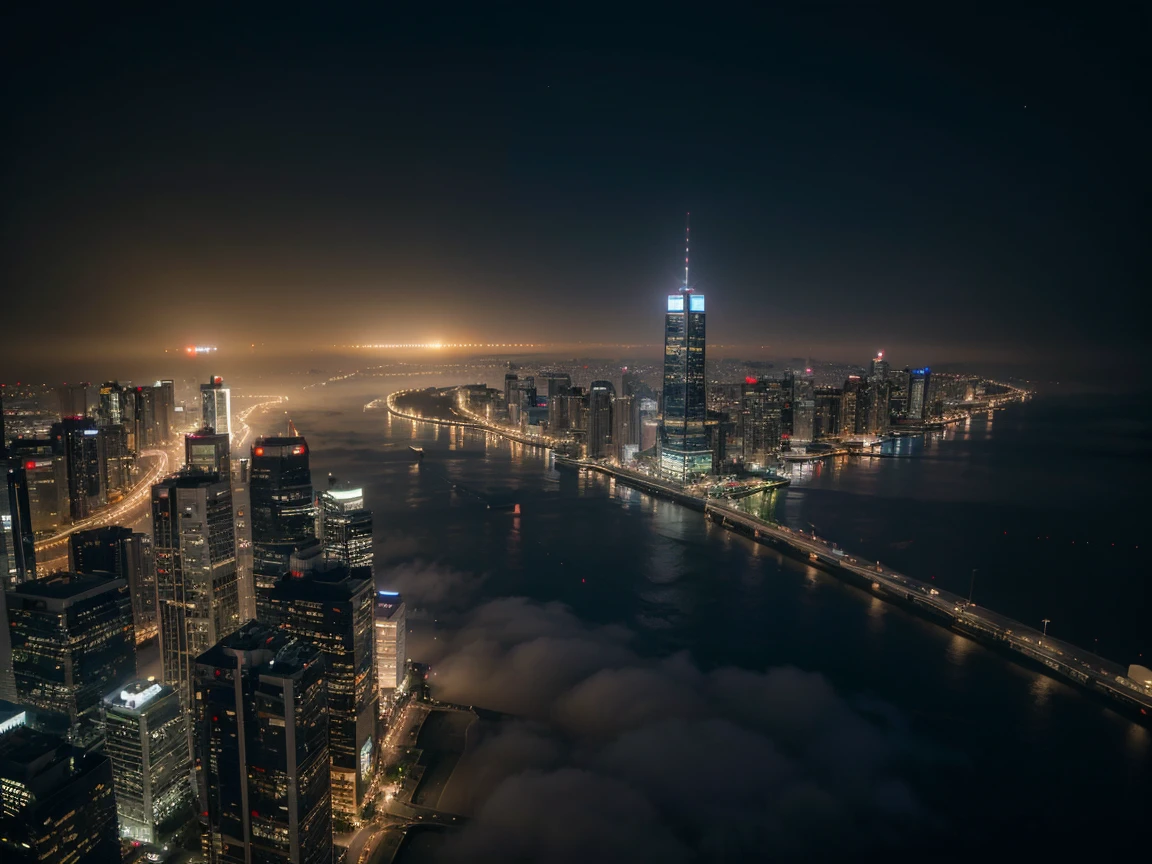 View from the airship cabin, Night view of skyscrapers, (Ultra-high resolution,8k),Fantasy, The world of picture books, (Highest quality), Super detailed, Outstanding Image, (Photorealistic), The fog rolls in