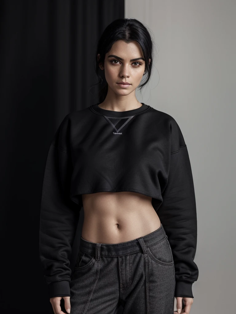 Best quality, masterpiece, ultra high res, (photorealistic:1.5), raw photo, 1 mature Ancient Egyptian girl, (((black cropped oversized sweatshirt))), wide shoulders, in the dark, deep shadow, low key, cold light, sexy look, black Cleopatra's hair (((black hair))), bright eyes, yin sanpaku eyes, eyeshadow, (((plain white background))), cinematic studio lighting