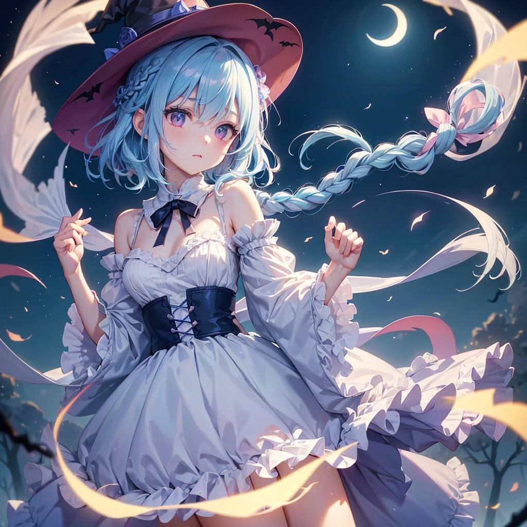 (Light blue medium hair:1.2),(Braided hair:1.2)、Pink eyes、Fair skin、cowboy shot、Halloween、The background is a pumpkin ghost、Crescent Moon、Trick or Treat、A lot of sweets、witch、Halloween night、Candy、many bat、Condescending expression、solo、(masterpiece、Highest quality、Very detailed、Best Shadow)、(Detailed Background)、(Beautifully detailed face)、High contrast、(Best lighting、Very delicate and beautiful)、(Cinematic Light)、colorful、Hyper Detail、Dramatic Light、Exquisite detail、