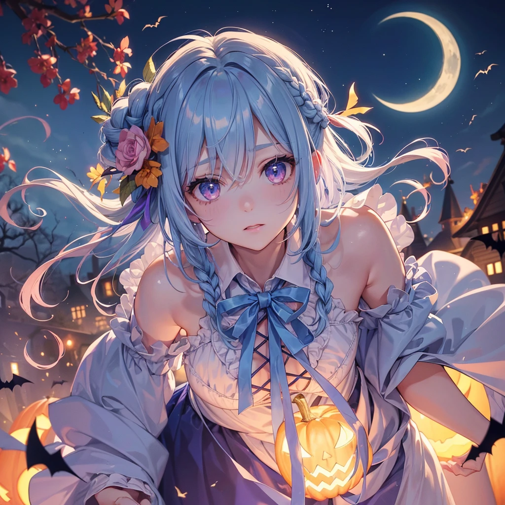 (Light blue medium hair:1.2),(Braided hair:1.2)、Pink eyes、Fair skin、cowboy shot、Halloween、The background is a pumpkin ghost、Crescent Moon、Trick or Treat、A lot of sweets、witch、Halloween night、Candy、many bat、Condescending expression、solo、(masterpiece、Highest quality、Very detailed、Best Shadow)、(Detailed Background)、(Beautifully detailed face)、High contrast、(Best lighting、Very delicate and beautiful)、(Cinematic Light)、colorful、Hyper Detail、Dramatic Light、Exquisite detail、