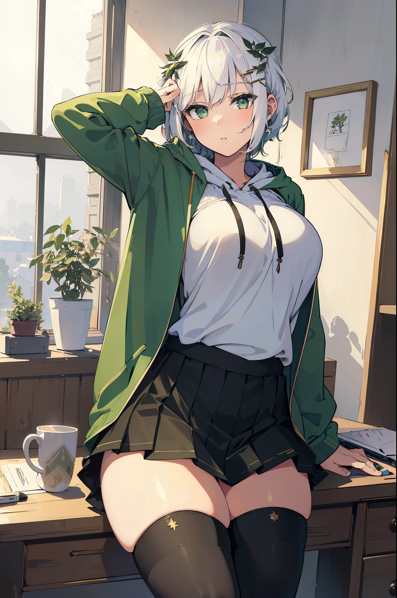 (best quality:1.3), (masterpiece:1.3), (illustration:1.3), (ultra-detailed:1.3), (mid shot:0.9), solo, 1girl, large breasts, ((short hair, white hair,)) (green eyes, green hoodie, open hoodie, white shirt,) hair ornaments, black pleated skirt, ((casual outfit, black thighhighs,)) thighhighs, thick thighs, indoors, office,