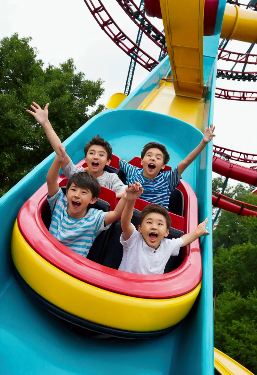 friends having fun in an amusement park, rollercoaster, funny scene, アニメ, boys and girls