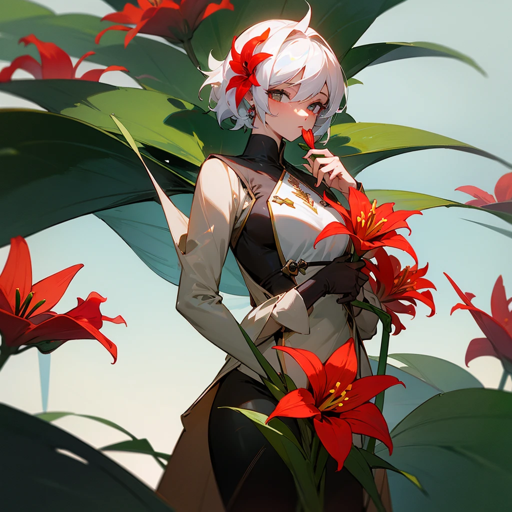 Female character holding a red lily flower 